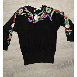 Victoria Harbour Women's Black Floral Sequins Long‎ Sleeve Sweater Size Medium